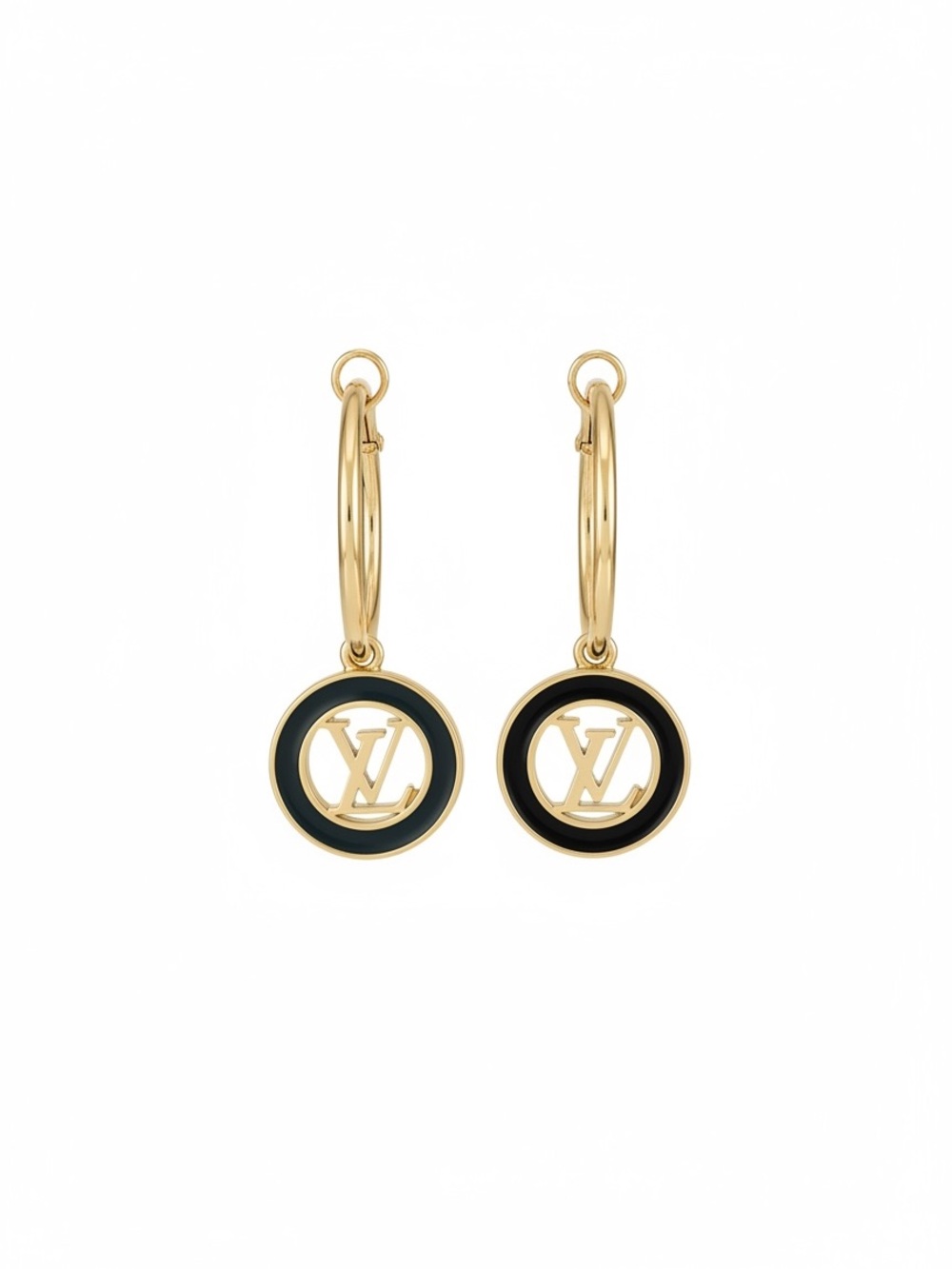 Gold LV Louis Vuitton Stamped Charms on 25mm Hoop Earrings